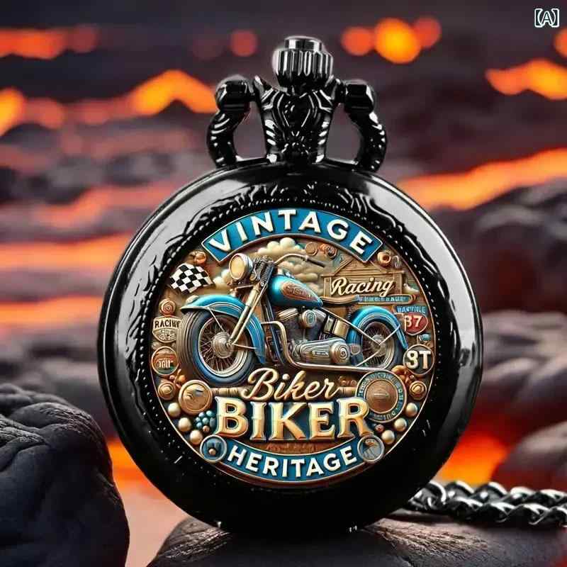 懐中時計 メンズ 世界時間機能 クォーツ式 レトロ アンティーク調 バイクモチーフ 銅製 ブラック 古銅色 丸型 デザイン ウォッチ ギフト プレゼント
