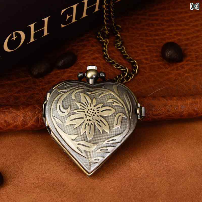 懐中時計 クォーツ 透かし彫り ハート型 ペンダント ネックレス アンティーク レトロ クラシック 合金製 彫刻 黒 ブラック 古銅色 男女兼用