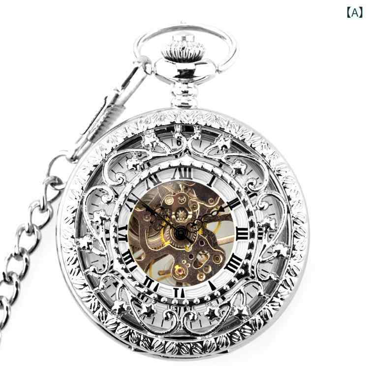 懐中時計 男女兼用 透かし彫り フタ付き 機械式 スケルトンバック アナログ表示 レトロ アンティーク ネックレスウォッチ ペンダントウォッチ 学生向け 合金製 プラスチック風防 ポケットウォッチ ホワイト ブラック ゴールド ブロンズ(x2)