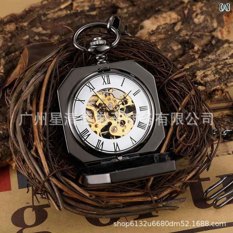 懐中時計 メンズ 機械式 スケルトン 香水瓶型 フリップカバー ローマ数字 レトロ アンティーク ビンテージ チェーン付き ポケットウォッチ アナログ表示 ブラック 合金製 世界時間 生活防水 紳士用
