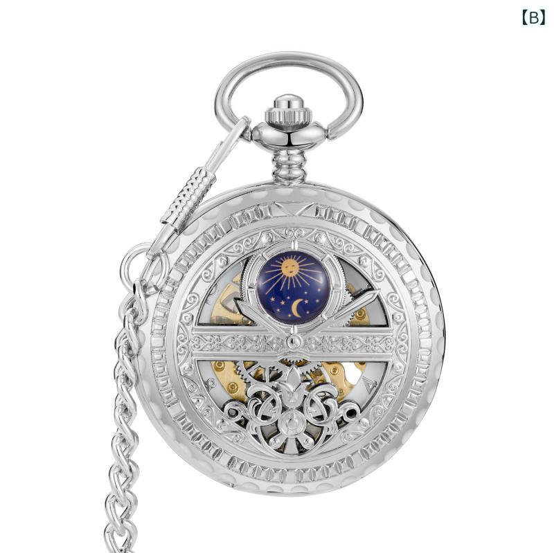 懐中時計 男女兼用 自動巻き 機械式 スケルトン シースルーバック ゴールド アンティーク調 星空デザイン オニオン型リューズ 丸型 合金製 アナログ表示(x2)