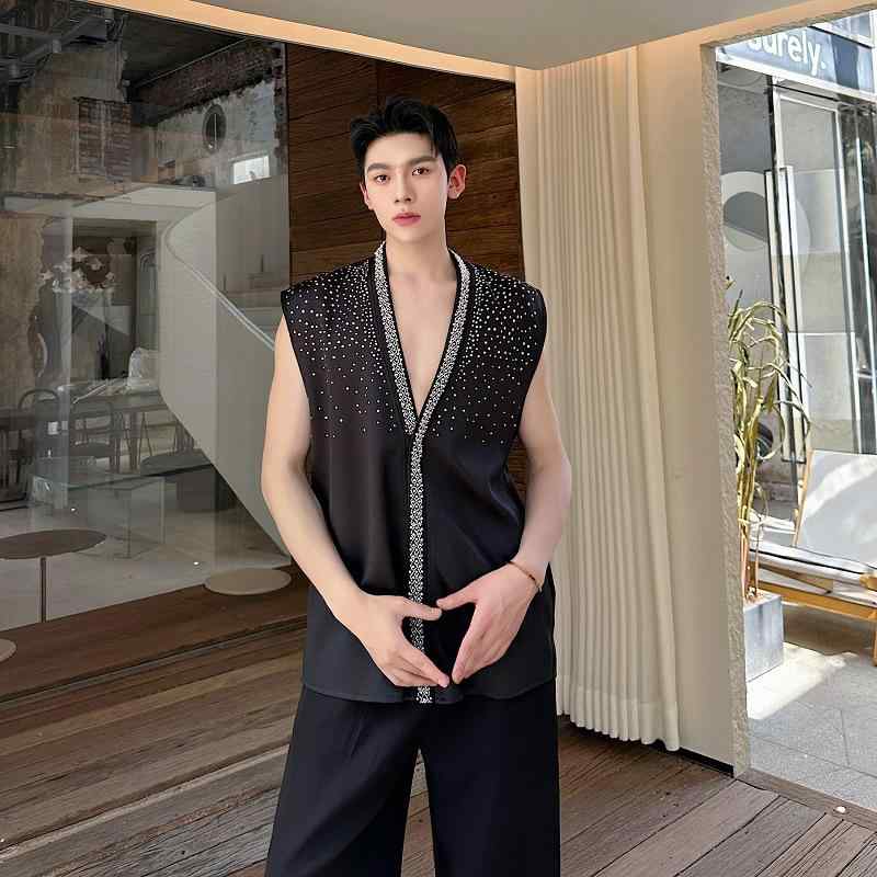 シャツ メンズ 4WAYストレッチ リネン ゆったり ノースリーブ 高級感 錦織り ラインストーン 飾りテー..