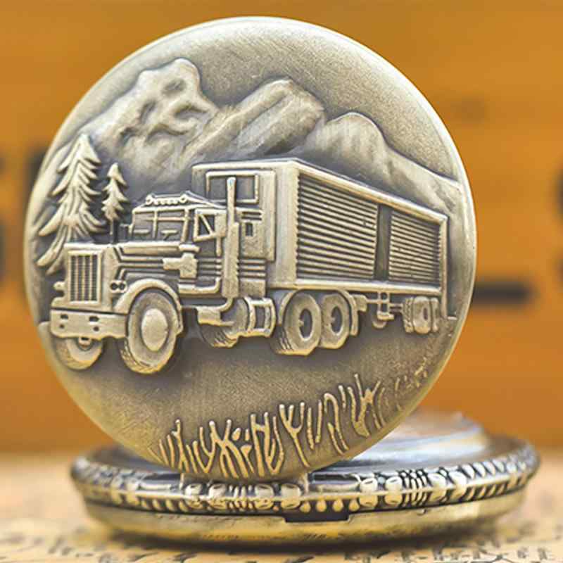 懐中時計 ユニセックス クオーツ アンティーク レトロ 浮き彫り トラック 立体デザイン フリップカバー ネックレス ペンダント 旅行 記念品 合金製 プラスチ...