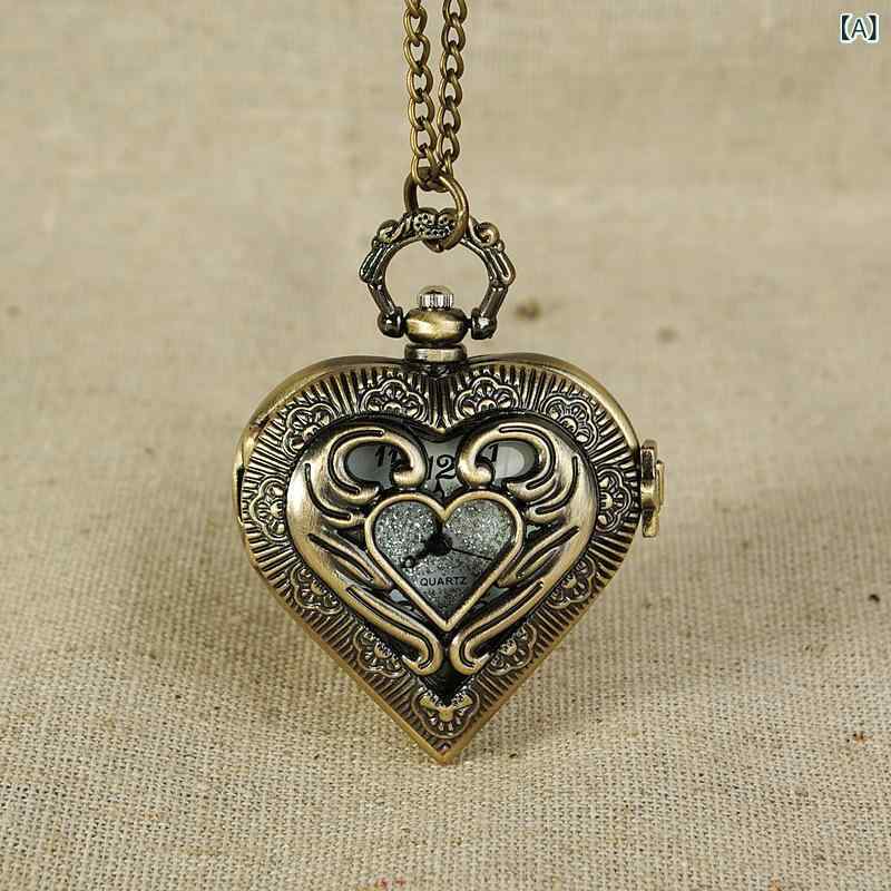 懐中時計 男女兼用 クォーツ アンティーク調 レトロ クラシカルデザイン ハート型 透かし彫り 花柄模様 彫刻 古銅色 合金製 ミネラル強化ガラス ジルコニア装飾