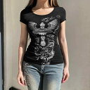 Tシャツ レディース バックオープン ショート丈 クルーネック プルオーバー ダークゴシック風 グラフィックプリント 半袖 スリムフィット ストリート系 カジュ...