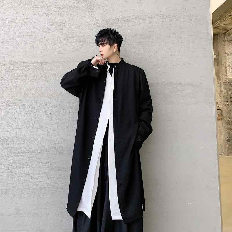 シャツ 男女兼用 トレンド ブラック 無地 スタンドカラー ロング丈 スリット入り 長袖 パフスリーブ ゆったりシルエット シンプル レトロ 大人きれいめ ブラウス(x2)