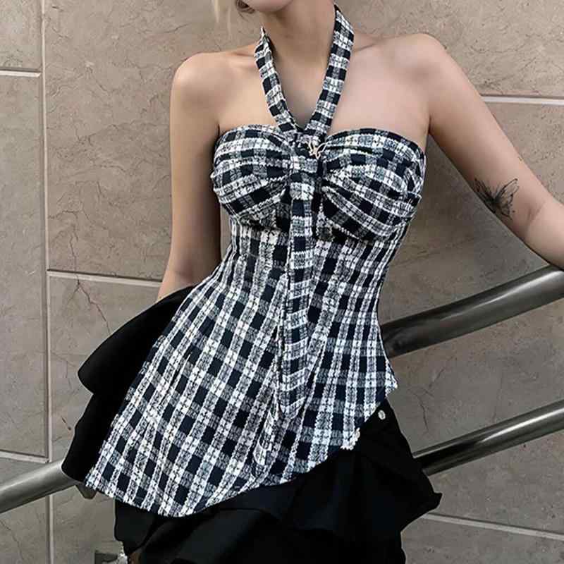 タンクトップ レディース ホルターネック ショート丈 不規則デザイン チェック柄 オープンバック 背中見せ セクシー ギャルスタイル 甜辣 レトロ風 白黒 ポリエステル 微ストレッチ 春夏