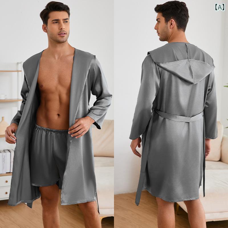 ルームウェア メンズ ローブ ショートパンツ セット 長袖 フード付き Vネック フェイクシルク 薄手 軽量 パジャマ 部屋着 バスローブ 春夏秋
