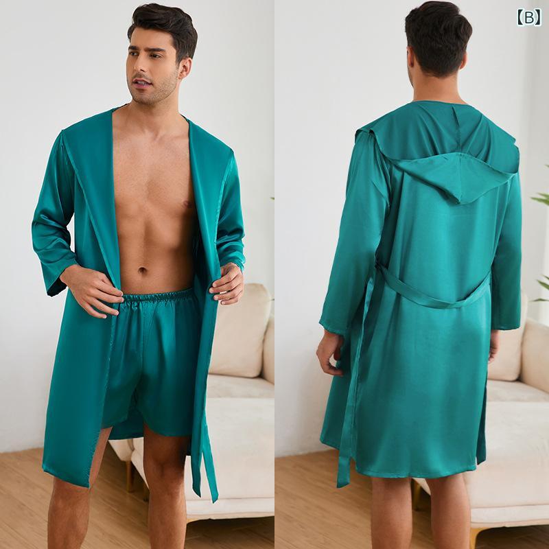ルームウェア メンズ ローブ ショートパンツ セット 長袖 フード付き Vネック フェイクシルク 薄手 軽量 パジャマ 部屋着 バスローブ 春夏秋
