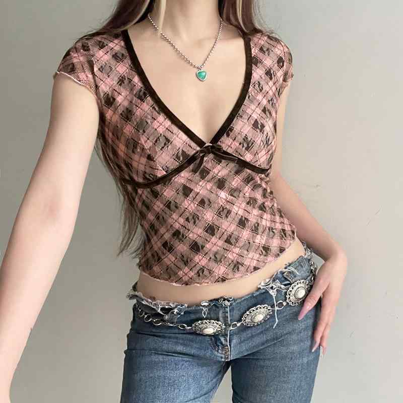 Tシャツ レディース 春夏 Vネック 半袖 ショート丈 肌見せ スリムフィット チェック柄 切り替え ニットトップス カジュアル ストリート風