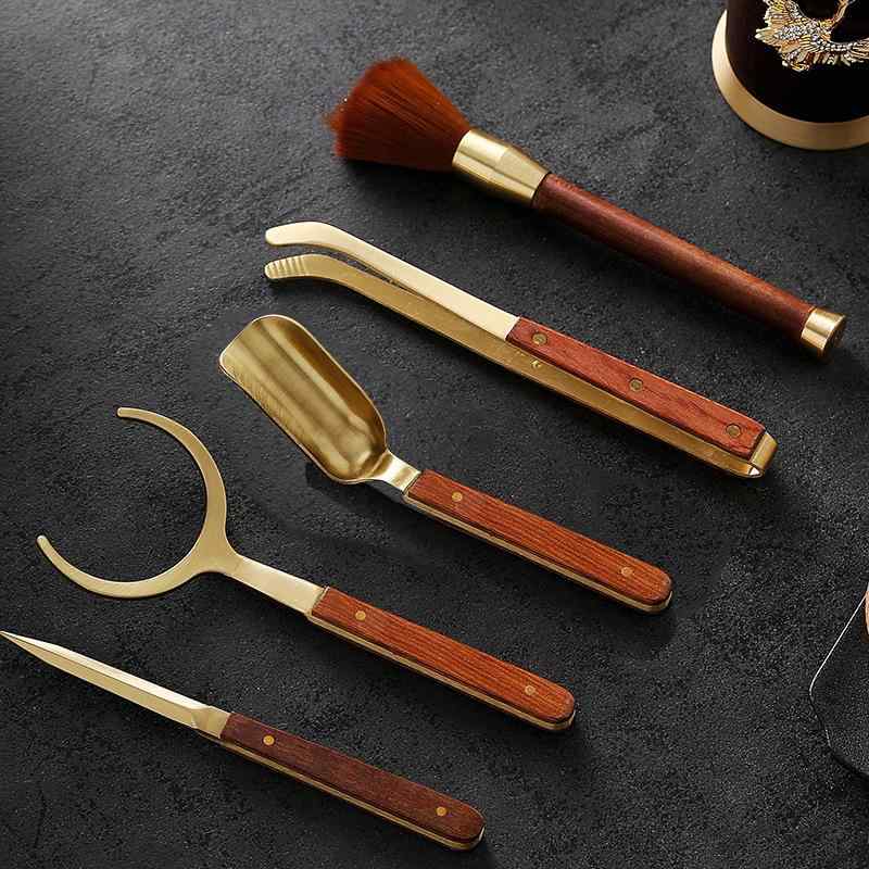 茶道具 純銅製 茶道六君子セット 茶刀 養壺筆 茶挟 茶匙 茶筒 中式デザイン 銅木 花梨木 黒檀木 天然木..