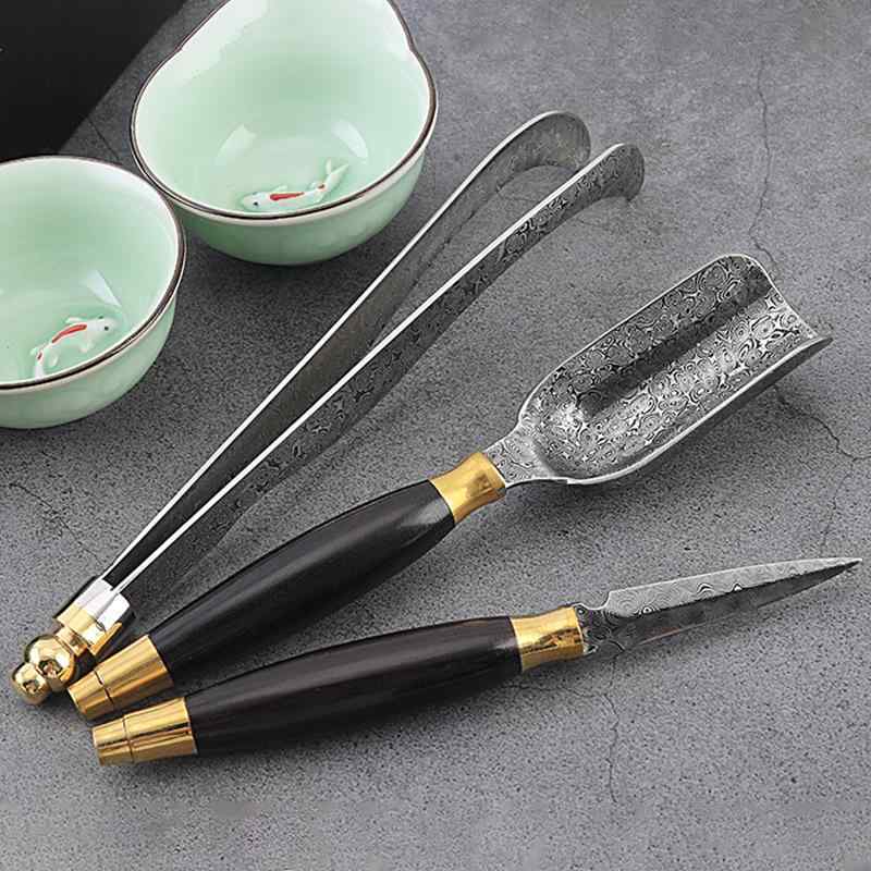 茶道具 ステンレス製 ダマスカス 黒檀木柄 茶葉こじ開け 円弧型 3点セット 茶刀 茶挟み 茶杓 茶道セット