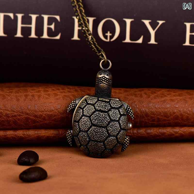 懐中時計 ユニセックス 亀モチーフ キャラクター ペンダントウォッチ アンティーク調 レトロ かわいい ブロンズカラー クォーツ式 ロングネックレス カジュアル