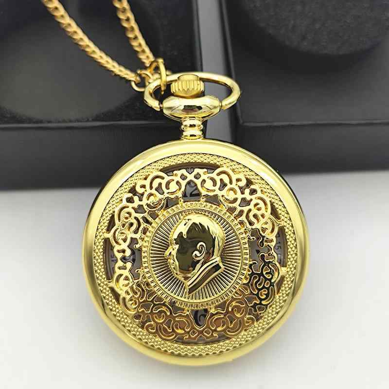 懐中時計 メンズ クォーツ式 玉石付き 金メッキ加工 ゴールドカラー 合金製 大型文字盤 アラビア数字表示 見やすい カジュアル ビジネス向け ゴールドチェーン...