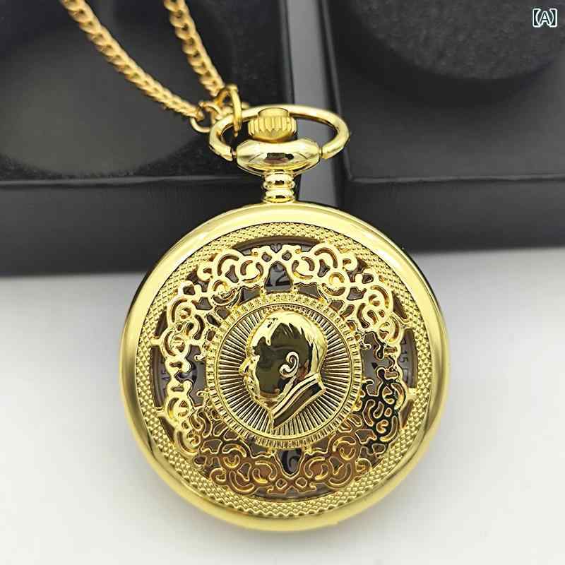 懐中時計 メンズ クォーツ式 玉石付き 金メッキ加工 ゴールドカラー 合金製 大型文字盤 アラビア数字表示 見やすい カジュアル ビジネス向け ゴールドチェーン付属 ポケットウォッチ ガラス風防(x2)