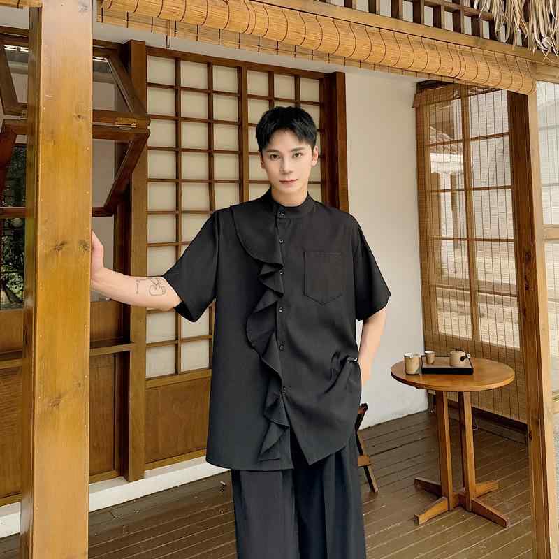 シャツ レディース 半袖 ゆったり ゆるシルエット フリル パフスリーブ きれいめ カジュアル オフィス 通勤 大人 上品 エレガント 春夏 黒 白