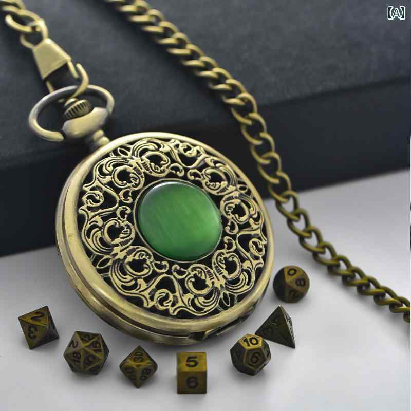 懐中時計 ユニセックス 男女兼用 クォーツ式 スケルトン ブロンズカラー ブラック 合金製 タコ サイコロデザイン 腰チェーン付き カジュアルスタイル