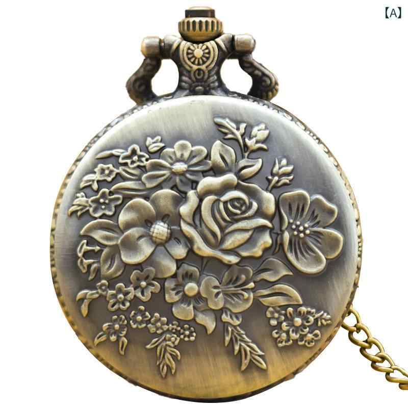 懐中時計 男女兼用 レトロ 花柄 彫刻模様 クォーツ式 個性的 スタイリッシュ 大型 存在感のある アンティーク調 ファッションアイテム クラシック ヴィンテージ風 丸型