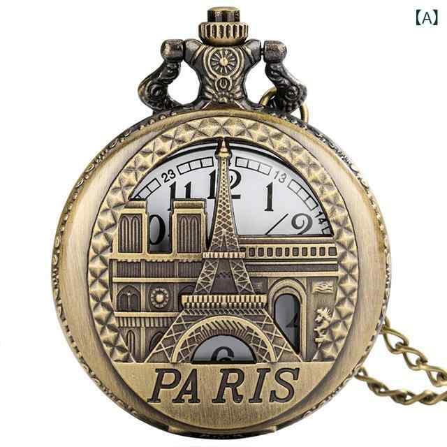 懐中時計 レトロ アンティーク クォーツ スケルトン 大型 45mm 合金製 パリ エッフェル塔 ネックレス ペンダント アクセサリー ファッション小物 男女兼用 プレゼント