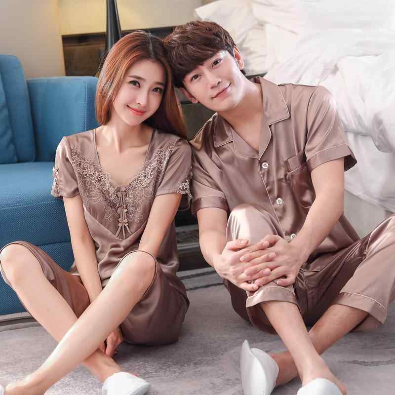 パジャマ メンズ レディース 男女兼用 カップル 接触冷感 シルク調 薄手 半袖 2点セット ルームウェア ..