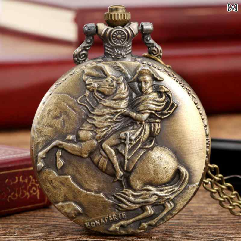 懐中時計 ワールドタイム クォーツ式 アンティークブロンズ 騎士モチーフ 浮き彫り フリップカバー レトロ 男女兼用 記念品(x2)