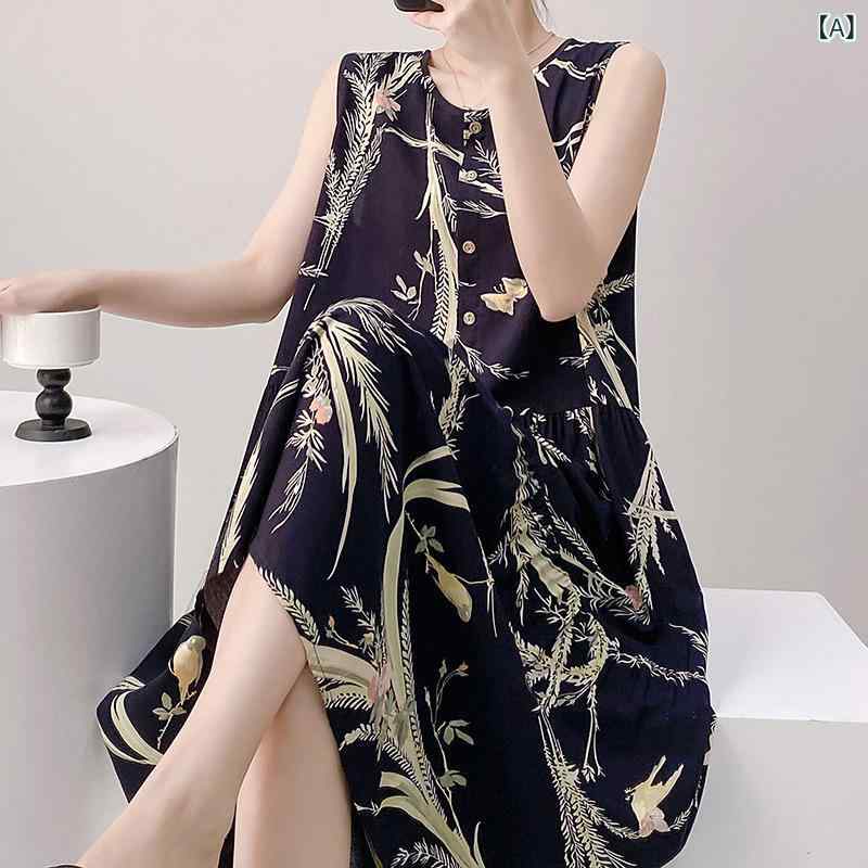 ルームウェア ワンピース レディース ミセス 春夏 ノースリーブ ゆったり 薄手 涼しい 通気性 再生繊維 クルーネック チャイナ風 高級感 大人かわいい 部屋着 ワンマイルウェア