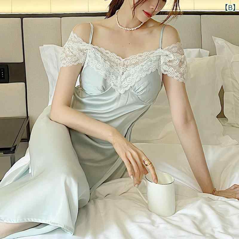接触冷感 薄手 通気性 快適 ルームウェア レディース カップ付き Vネック レース サテン調 キャミソールワンピース ロング丈 セクシー 高級感 春夏 パジャマ ホームウェア 外出着(x2)