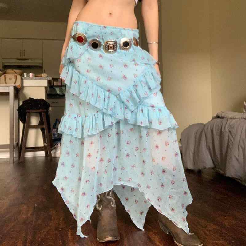 スカート レディース リゾートスタイル ビーチ 花柄 切り替え メッシュ シアー フリル ブルー アシンメトリー ロング丈 ミモレ丈 夏 ドパミンカラー ポリエステル ストレッチ レース 大人カジュアル