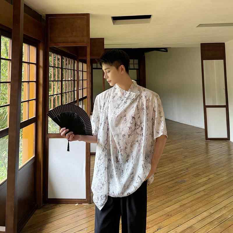 ブラウス レディース 春夏 シュニール素材 書道風プリント ユニークデザイン 新チャイナ風 パフスリーブ 半袖 ゆったり 大人カジュアル きれいめ エレガント トップス