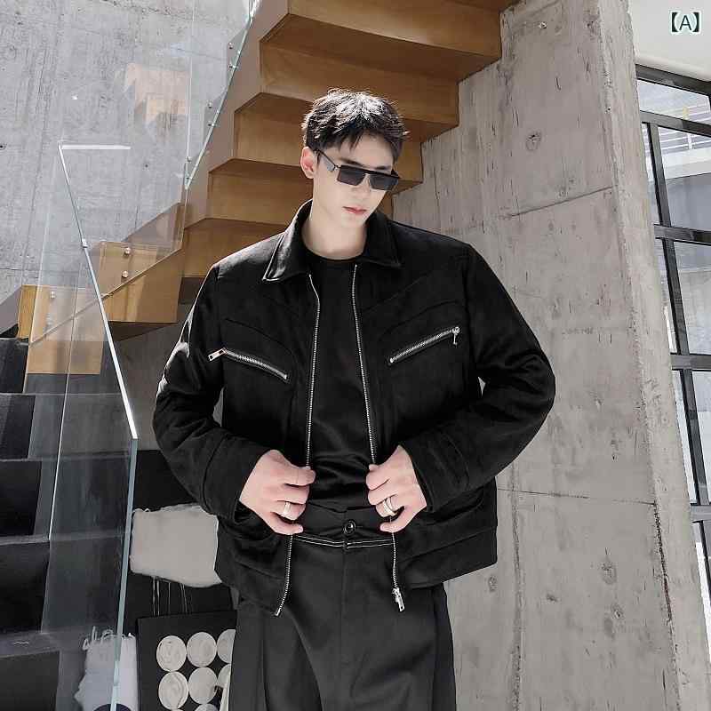 ジャケット メンズ 秋冬 厚手 防寒 スエード調 ワイルド レトロ 大人カジュアル ショート丈 ブルゾン 襟付き 立体ポケット アメカジ ストリート 黒 カーキ ゆったり アウター