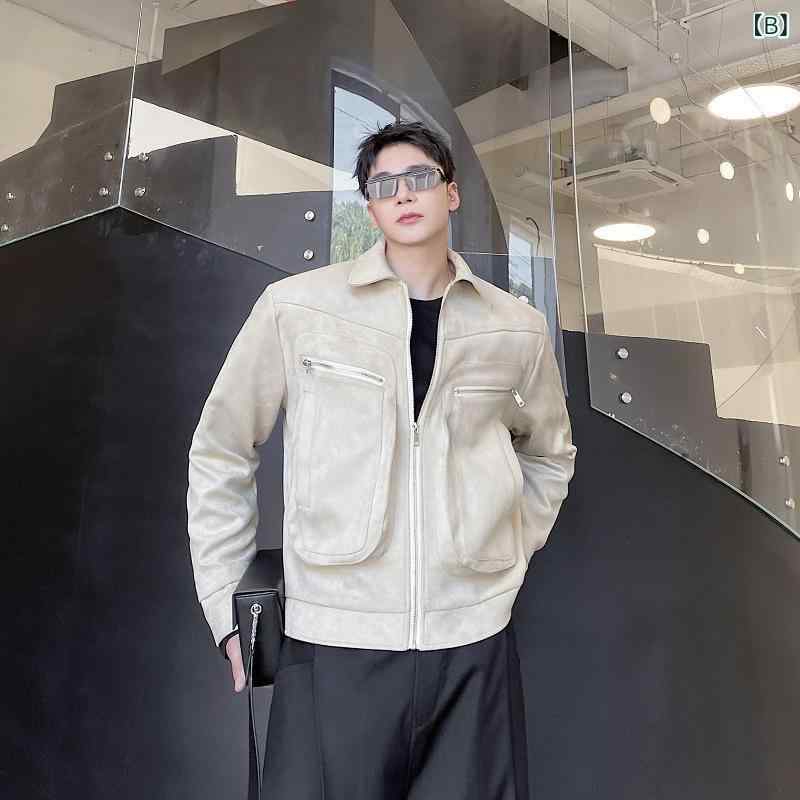 ジャケット メンズ 秋冬 厚手 防寒 スエード調 ワイルド レトロ 大人カジュアル ショート丈 ブルゾン 襟付き 立体ポケット アメカジ ストリート 黒 カーキ ゆったり アウター