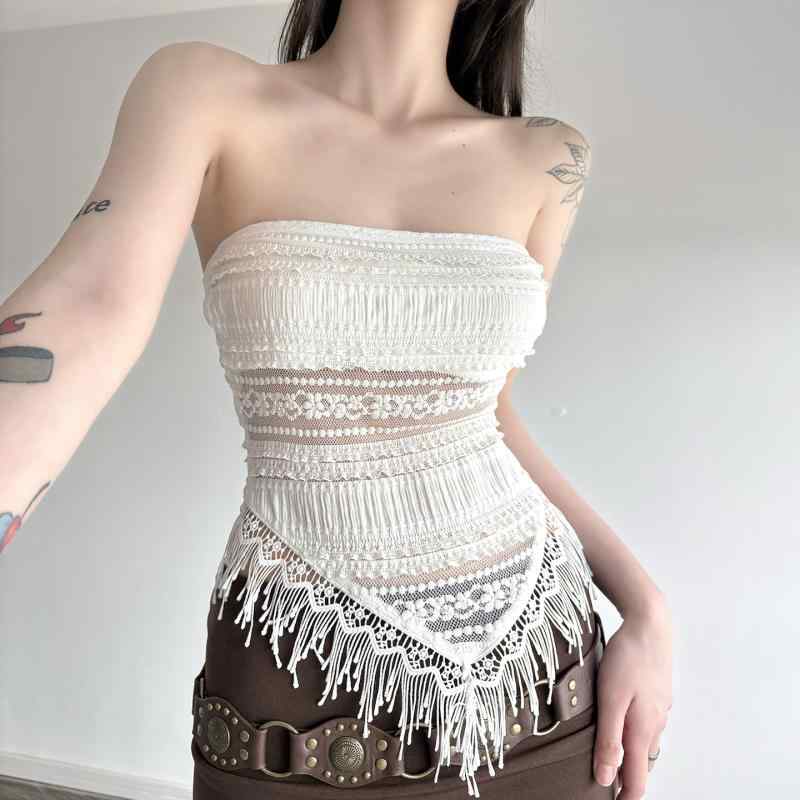 トップス レディース サマーニット フレンチロマンチック タッセル ベアトップ シアー スリムフィット ストレッチ リゾート セクシー ホワイト 春夏