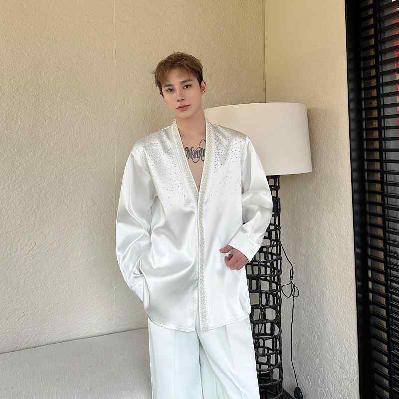 シャツ メンズ 春夏新作 ゆったり ルーズフィット 裏起毛 高級感 ラインストーン装飾 長袖 麻混 ワイド..