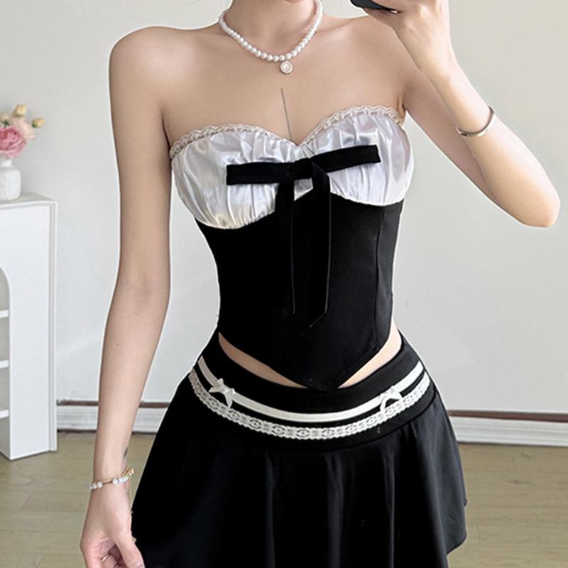 トップス レディース アシンメトリー 配色切り替え リボン ショート丈 ベアトップ スタイルアップ効果 胸元美ライン セクシー ギャル系 ストレッチ