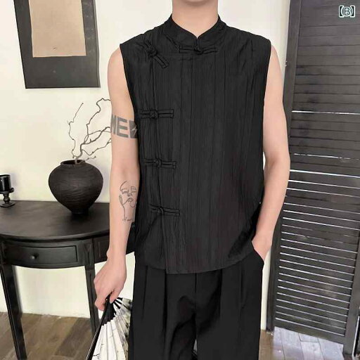 ベスト レディース 春夏 新チャイナ風 立体プリーツ チャイナボタン スタンドカラー ノースリーブ レトロ 禅風 きれいめ 大人カジュアル シェニール素材