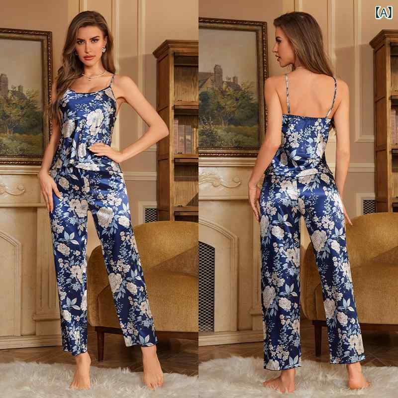 セットアップ レディース 薄手 通気性 快適 ルームウェア パジャマ 部屋着 ワンマイルウェア シルク調 花柄プリント キャミソール ロングパンツ 上品 エレガント 春夏秋