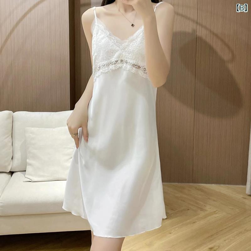 パジャマ レディース 春夏 接触冷感 Vネック キャミソール レース チュール 薄手 カップ付き バックデザイン セクシー ルームウェア ワンピース リラックス おうち時間 ミディ丈 ワンマイルウェア あざと可愛い