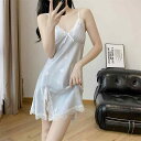 ルームウェア レディース 接触冷感 薄手 胸パッド付き Vネック レース セクシー キャミソールワンピース サテン調 高級感 春夏 ナイトドレス