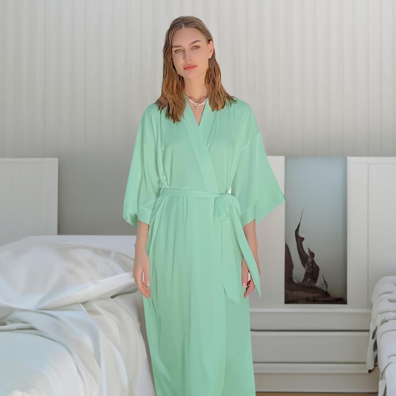 接触冷感 軽量 ルームウェア レディース 快適 ゆったり ナイトガウン バスローブ ロング丈 春夏秋 欧米..