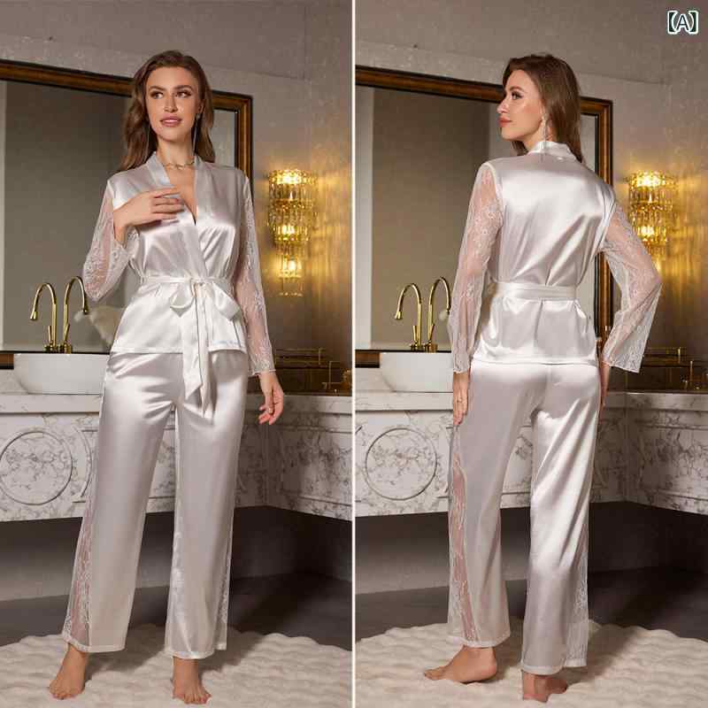 パジャマ レディース セクシー レース Vネック 長袖 ロングパンツ セットアップ ルームウェア 薄手 シルク調 快適 涼しい 寝間着 部屋着 春夏秋 ナイトウェア