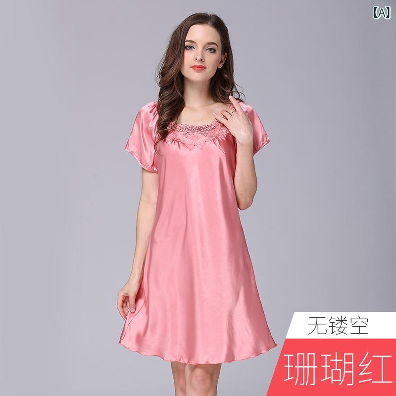 接触冷感 半袖 ルームウェア レディース ネグリジェ シルク調 レース 薄手 夏用 大きいサイズ シンプルカジュアル セクシー パジャマ ナイトウェア ワンピース 部屋着