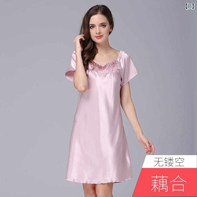 接触冷感 半袖 ルームウェア レディース ネグリジェ シルク調 レース 薄手 夏用 大きいサイズ シンプルカジュアル セクシー パジャマ ナイトウェア ワンピース 部屋着
