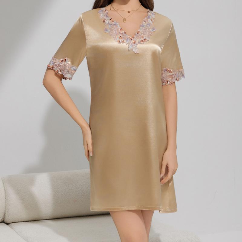 ワンピース レディース 接触冷感 半袖 Vネック レース 薄手 ポリエステル素材 パジャマ ルームウェア 部屋着 ショート丈 春夏 ホテル 旅行 快適な着心地 シャンパン レッド