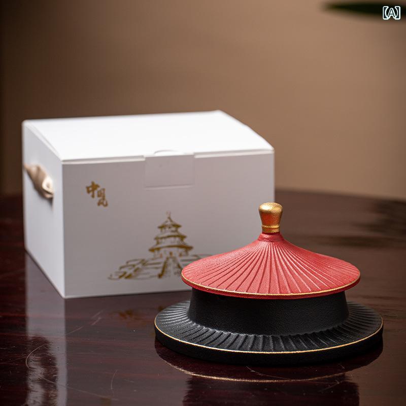 灰皿 陶器製 蓋つき 故宮 天壇 デザイン 中国レトロ風 おしゃれ 家庭用 卓上 記念品 ビジネスギフト 贈答品 宮廷レッド 羊脂玉 クラインブルー アッシュトレイ