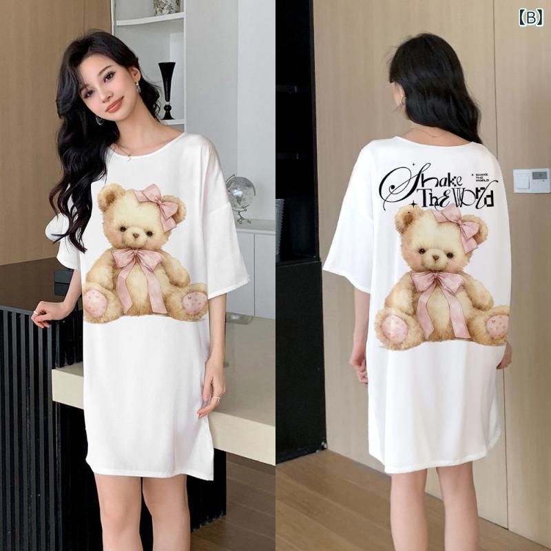 ルームウェア レディース 春夏 薄手 サテン調 半袖 かわいい 総柄プリント アニマル柄 パジャマ ひざ丈 クルーネック 快適 ゆったり とろみ素材