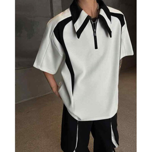ポロシャツ メンズ 切り替えデザイン 肩パッド入り 半袖 ゆったり ルーズフィット 再生繊維 綿混 無地 春夏 カジュアル デイリーユース おしゃれ