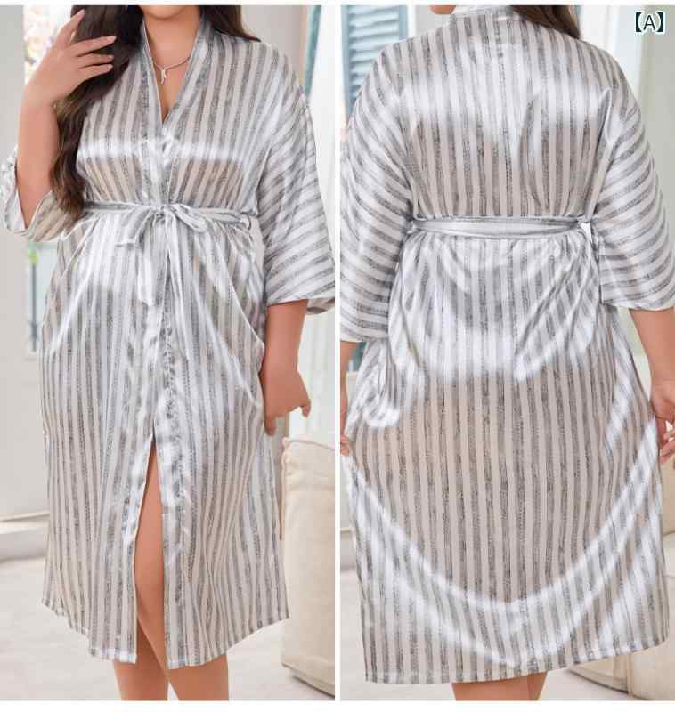 ルームウェア ローブ レディース 大きいサイズ 春夏 接触冷感 ポリエステル サテン ロング丈 ストライプ柄 Vネック 薄手 快適 バスローブ ガウン