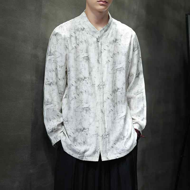 シャツ メンズ 接触冷感 通気性 薄手 長袖 春夏 新チャイナ風 高級感 サテン生地 スクエアカラー 盤ボタン ストレッチ ゆったり リネン混 カジュアル