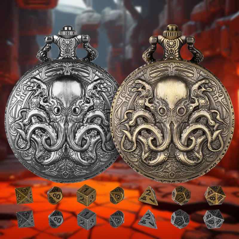 懐中時計型DNDダイス収納ケース レトロ 非透かし彫り タコモチーフ ミニダイス7個セット付属 亜鉛合金製 ラウンド型 ユニセックス カジュアル アンティークブ...