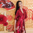 ナイトガウン レディース 接触冷感 薄手 夏用 ブライダル 新婦 花嫁 結婚式 部屋着 ルームウェア 鶴柄 レッド セクシー 前開き サテン風 バスローブ パジャマ